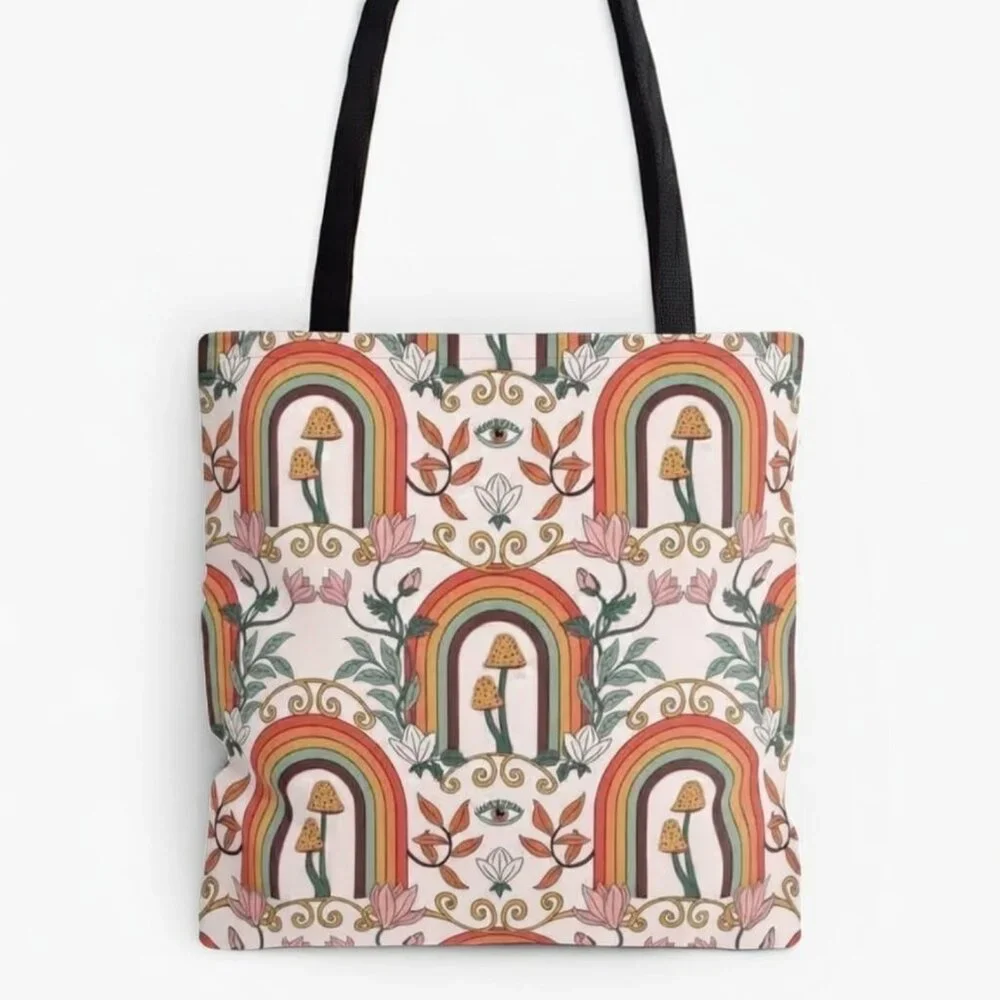 Boho Mushroom Rainbow Tote Bag Cottagecore Eye Print Psychedelic Shoulder Bag - Picture 4 of 5